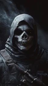 Grim skull soldier in hooded tactical gear portrait.