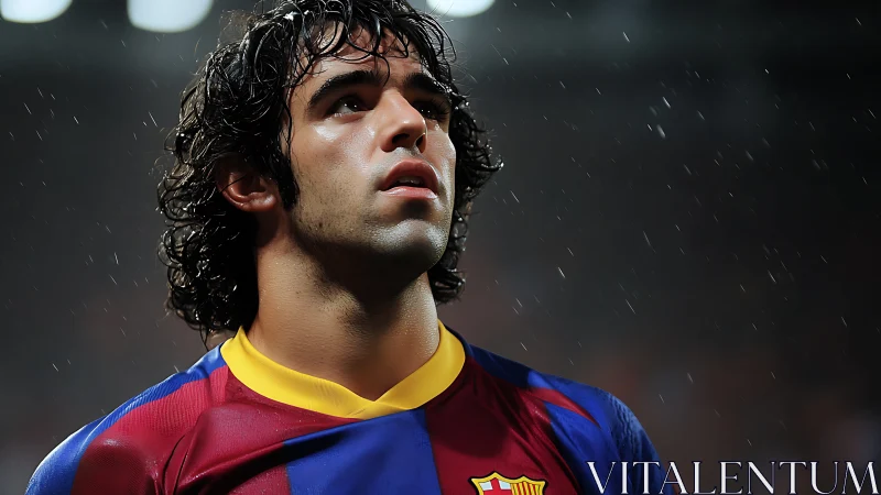 Rainlit striker pauses under stadium glow, chasing destiny