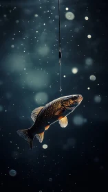 Solitary fish suspended near vertical fishing line in water.