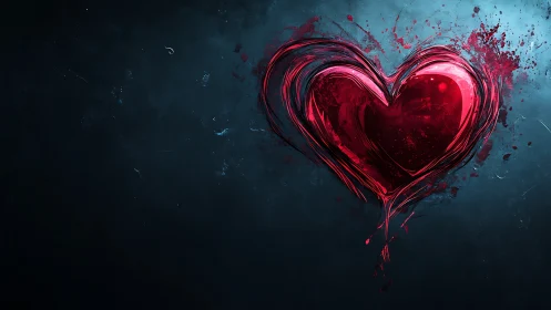 Glowing red heart explodes with passion against dark teal backdrop