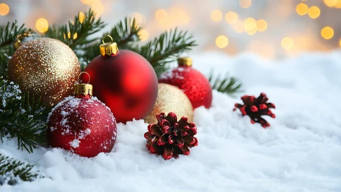 Cozy Christmas ornaments resting in softly falling snow.