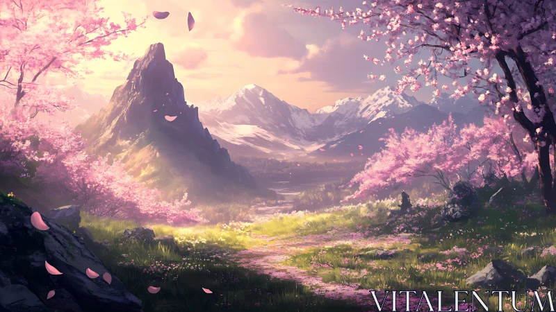 Radiant alpine valley framed by luminous cherry blossoms.