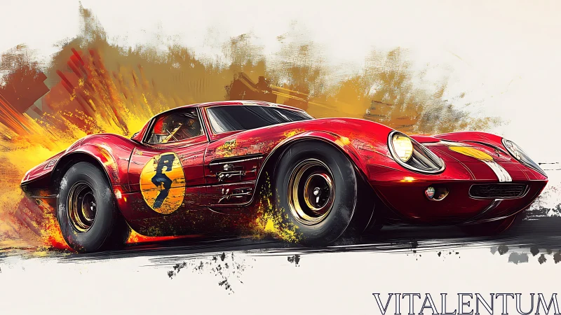 Red classic race car accelerates through abstract paint burst