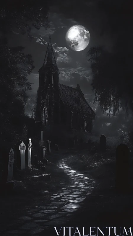 Moonlit chapel broods above a ghost-whispered graveyard path.