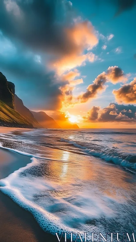 Sunset light reflects over tidal waves on remote beach