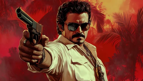 Ballistic perspective portrait with revolver and tropic haze.