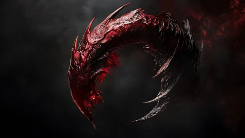 Curved crimson claw-like creature in dark smoky void.