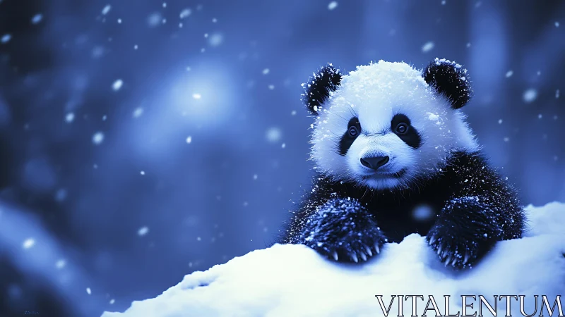 Snowflake-dusted panda cub studies the quiet blue night