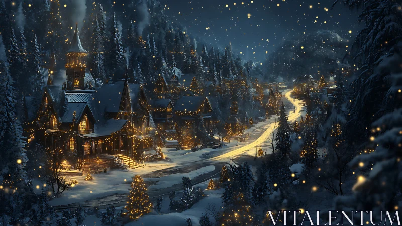 Snow covered mountain village is illuminated by warm lights