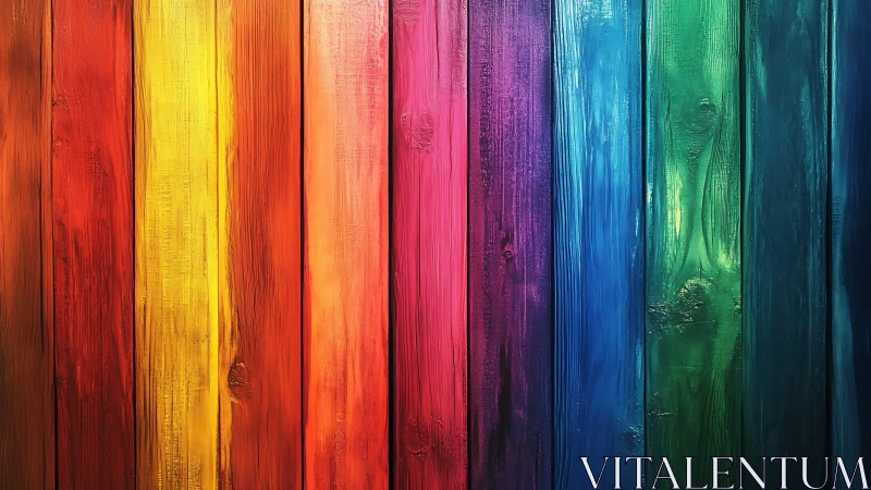 Vertical rainbow timber planks with bold chromatic layering.