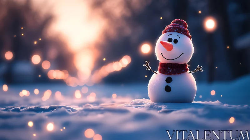 Smiling snowman glows under winter lights at dusk