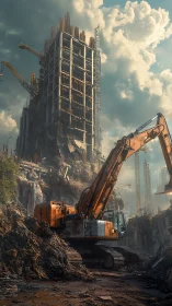 Post-collapse excavator amid skeletal high-rise framework.