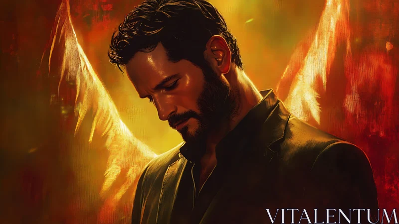 Winged dusk wraps a brooding man in molten quiet light