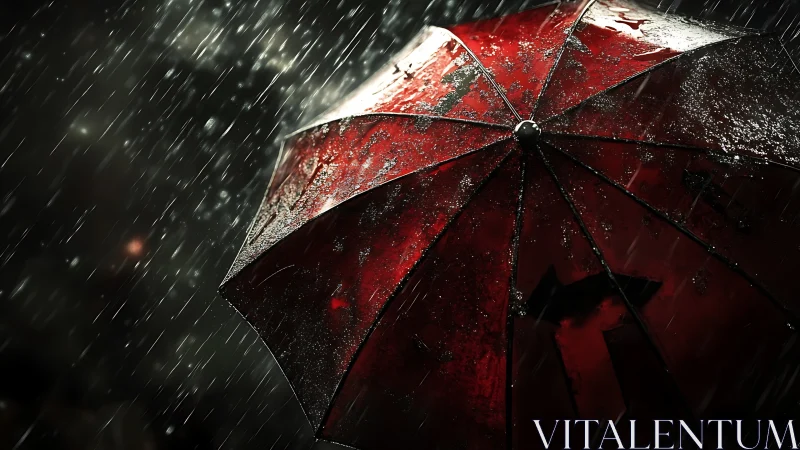 Red umbrella gleams under heavy rain in dramatic night storm.