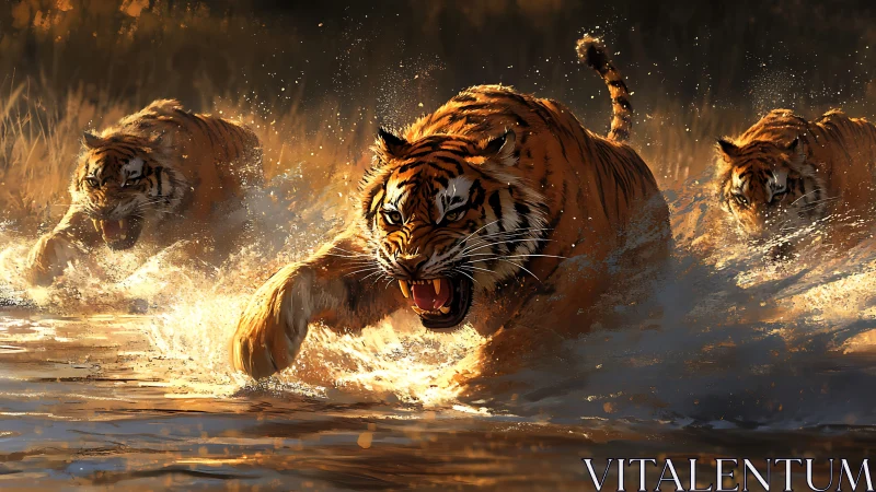 Golden Fury Unleashed: Three Tigers Roar Through Splashing Waters.