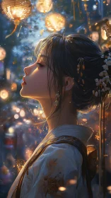 Lantern-lit evening reverie with a quietly dreaming muse.