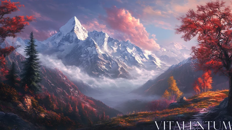 Crimson autumn ridgeline saluting a snow crowned titan skyward.