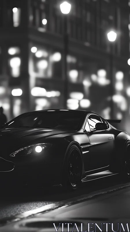 Sport coupe is parked on wet street under urban night lighting