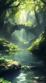 Sunlit Forest Stream Flows Through Ancient Trees