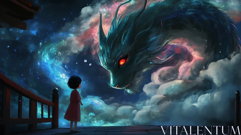Starlit child confronting cosmic dragon above cloud bridge.