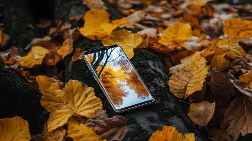 Smartphone mirror captures autumn canopy amid leaf-littered log