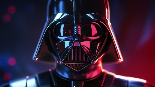 Chromed black sci‑fi helmet portrait under neon rim lighting