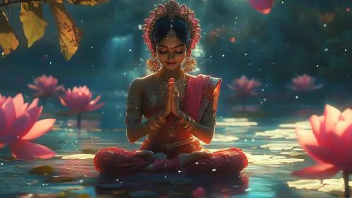 Divine woman meditates on glowing lotus pond at twilight.