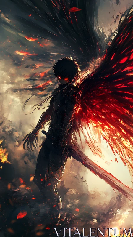 Digital painting of infernal winged warrior in dynamic flames.