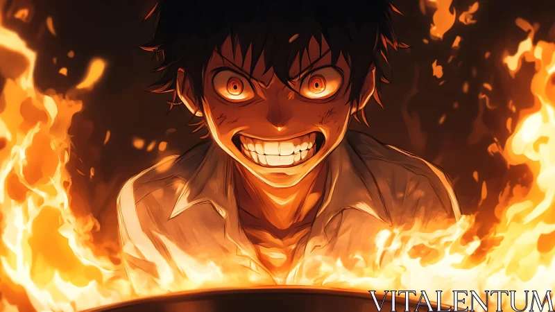 Intense anime boy with fiery grin framed by bright flames.