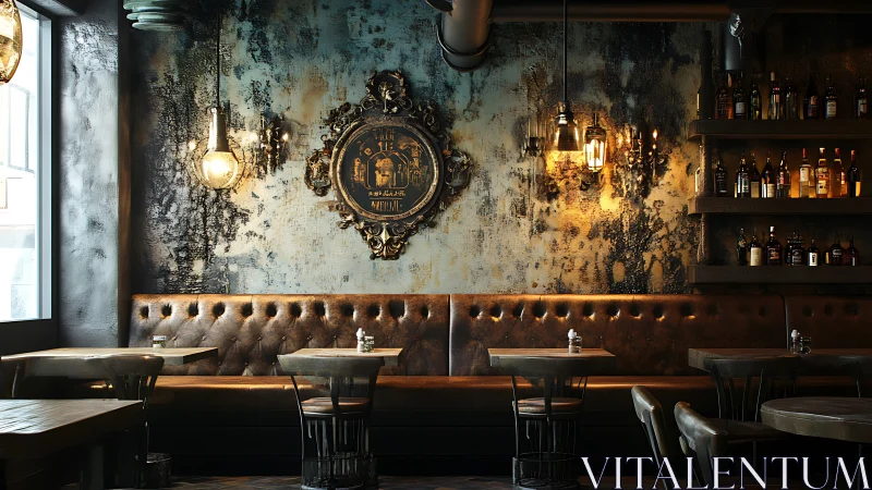 Industrial style bar interior with leather seating and lights.