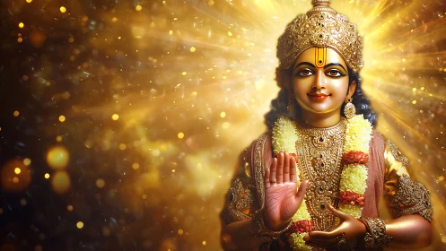 Radiant golden deity portrait with luminous halo glow.