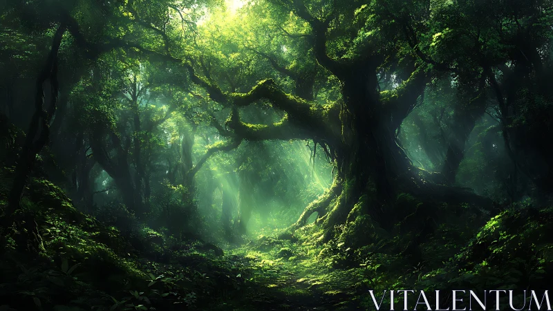 Enchanted forest corridor with radiant golden light.