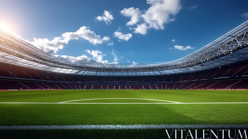 Modern football arena under clear blue sky at sunrise.