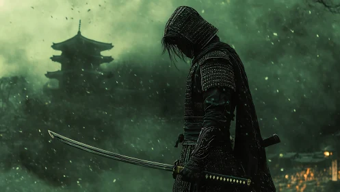 Armored swordsman in snowfall near distant pagoda temple.