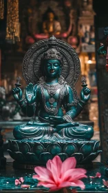 Turquoise seated bodhisattva statue with halo and lotus pedestal.
