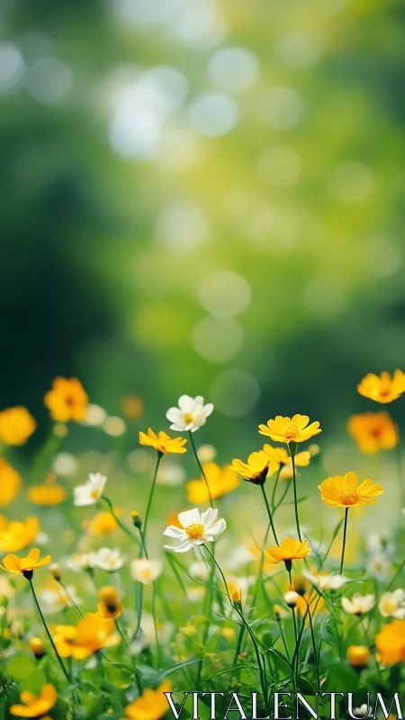 Yellow and white daisies in soft-focus natural meadow environment.