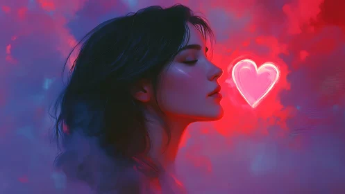 Neon heart portrait in pink and purple luminescence.