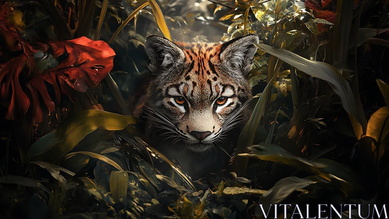 Curious jungle wildcat gazing through lush shadowed leaves.