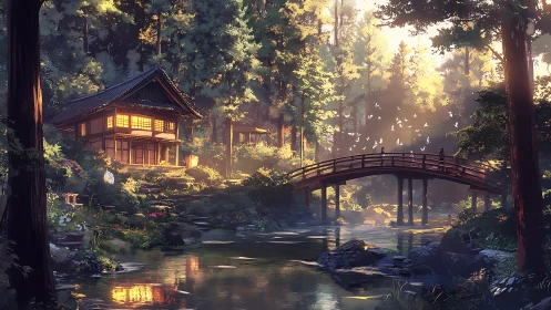 Sunlit Japanese forest house over tranquil arched river bridge.