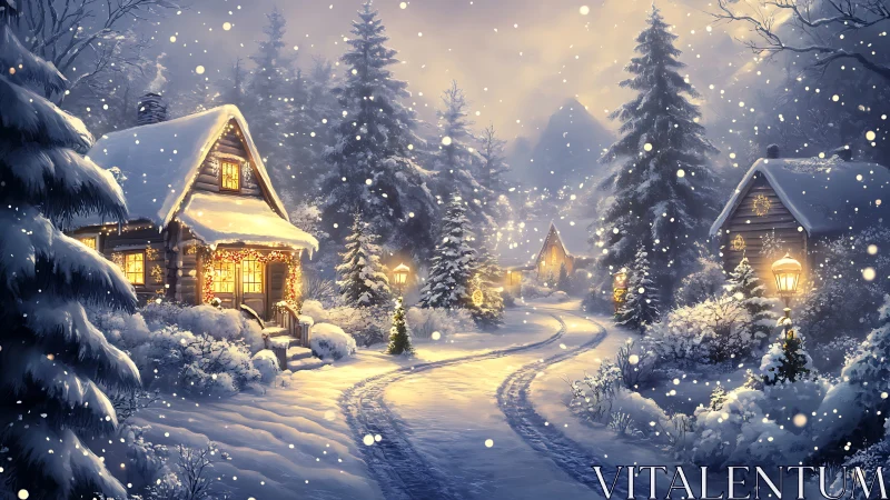 Cozy winter cabins glowing softly along a snowy forest lane.