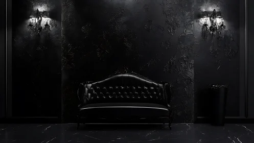 Baroque black leather settee anchors a high-contrast noir interior