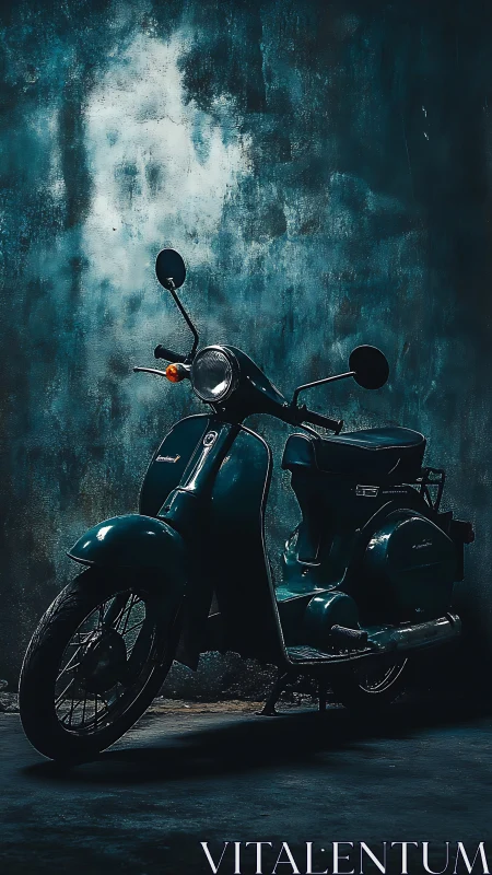 Vintage teal scooter parked against textured dark wall.
