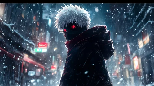 Hooded white haired figure with red eyes in neon snow alley
