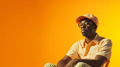 Man in pastel clothing sits against solid orange gradient