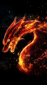 Flaming serpentine dragon head rendered in high contrast pyro-particle flow