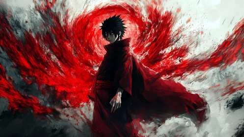 Dark cloaked anime figure amid swirling red energy.