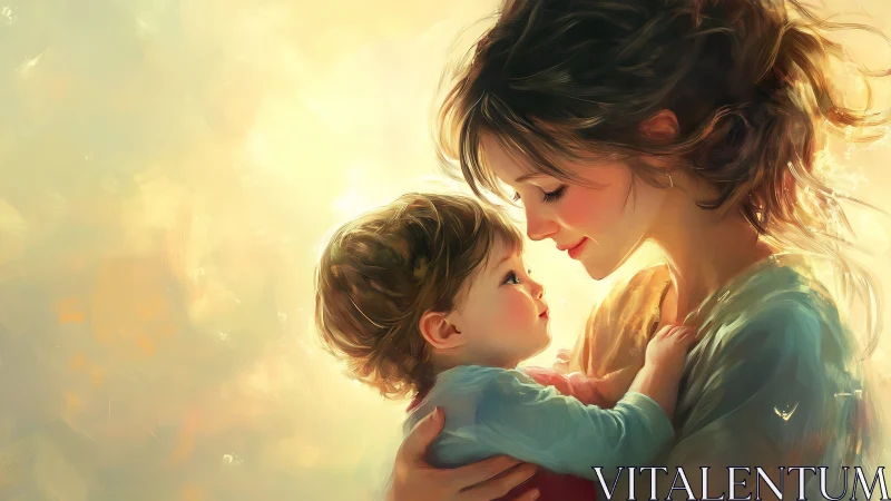 Mother and Child in Warm Golden Light Embrace. Digital Illustration.