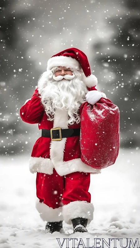 Jolly Santa Claus walks through soft falling Christmas snow