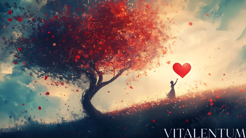 Figure Holding Heart Shape Below Tree with Red Foliage Particles