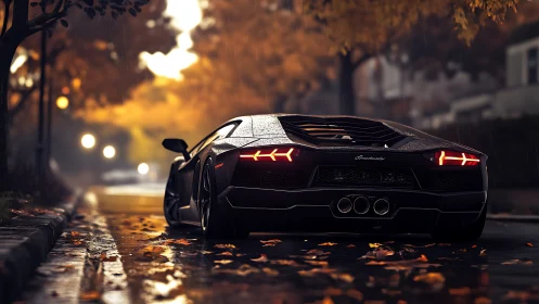 Sleek black supercar glowing softly on a rainy autumn street.